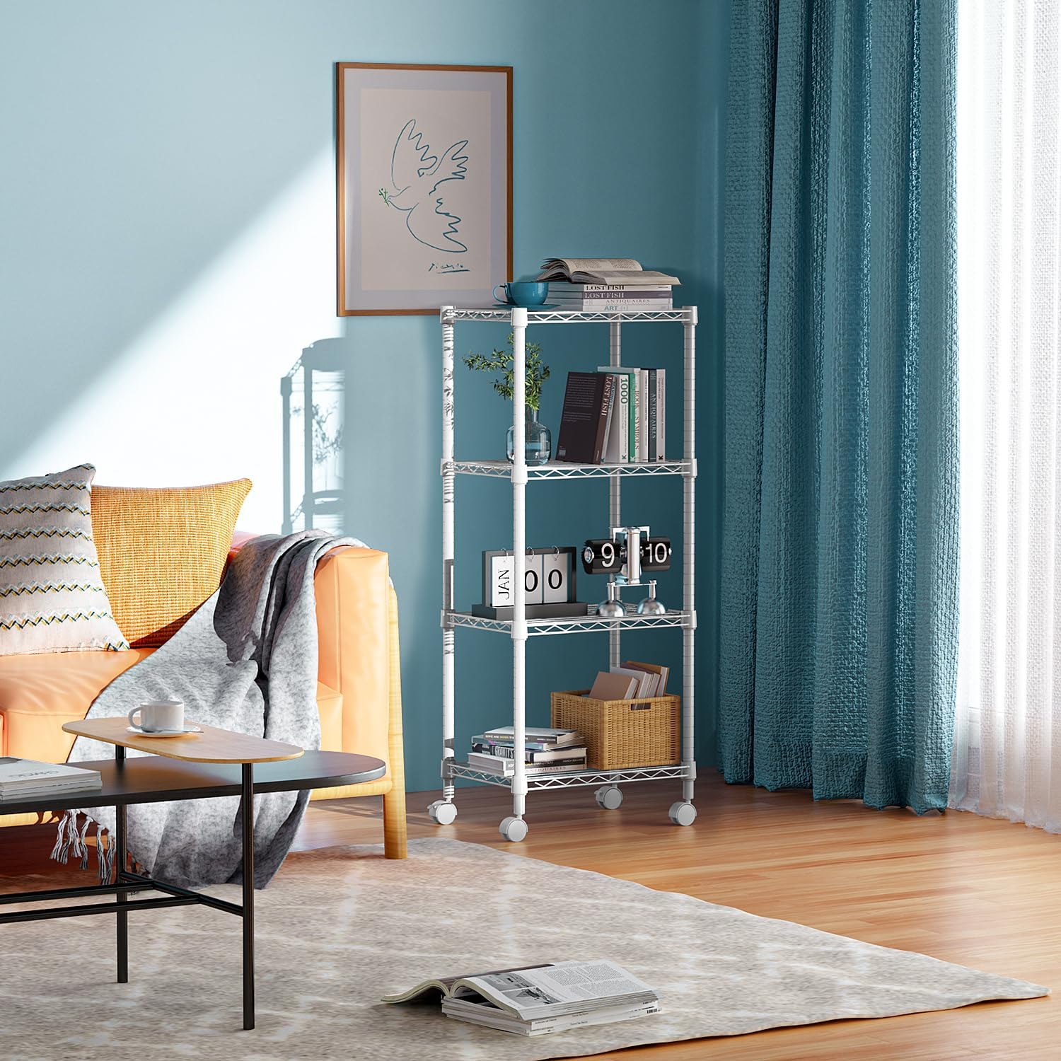 1000 lbs 4-Shelf Adjustable Heavy Duty Steel Wire Rack, Adjustable Storage Shelving Unit with Wheel for Kitchen, Garage, Laundry White 11.8" D x 17.7" W x 40.8" H