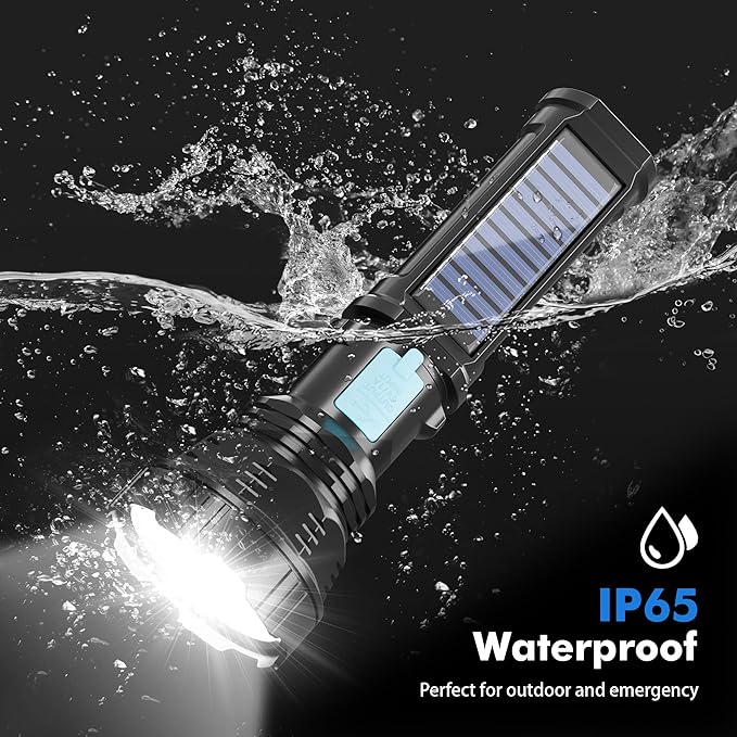 Solar/Rechargeable LED Flashlights, Multi Function Flashlight with 2000 mAh Battery, Emergency Strobe Light, Waterproof, Fast USB Charging, Survival Gear and Supplies for Camping, 2 Pack