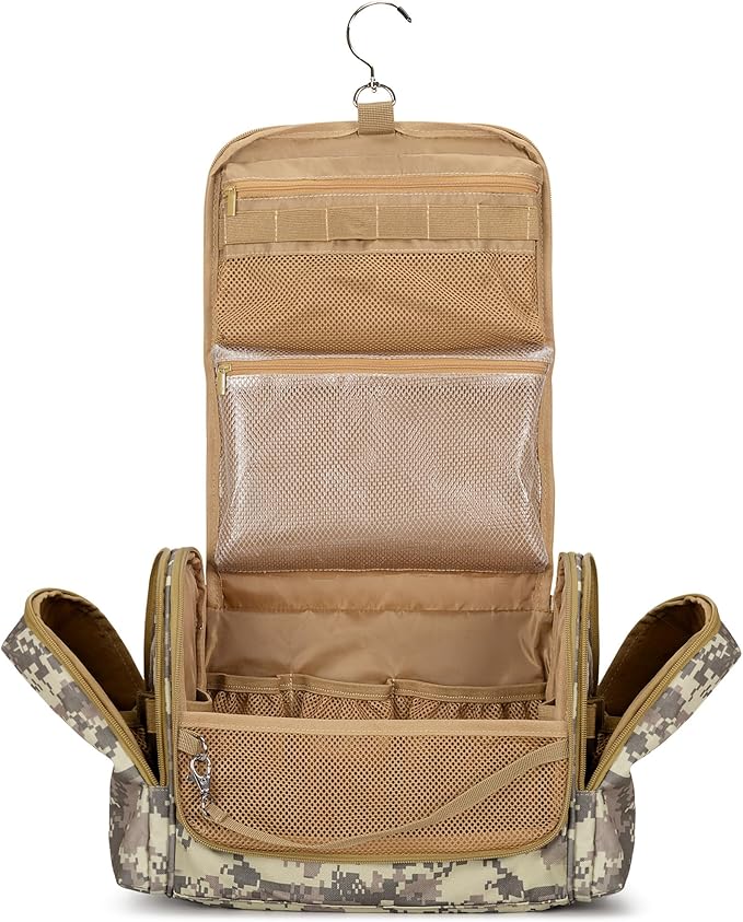 Tactical Toiletry Travel Bag for Men, Hanging Dopp Kit Hygiene Bag Shower Organizer with Hook for Toiletries and Shaving Care, Desert Yellow (Empty Bag)