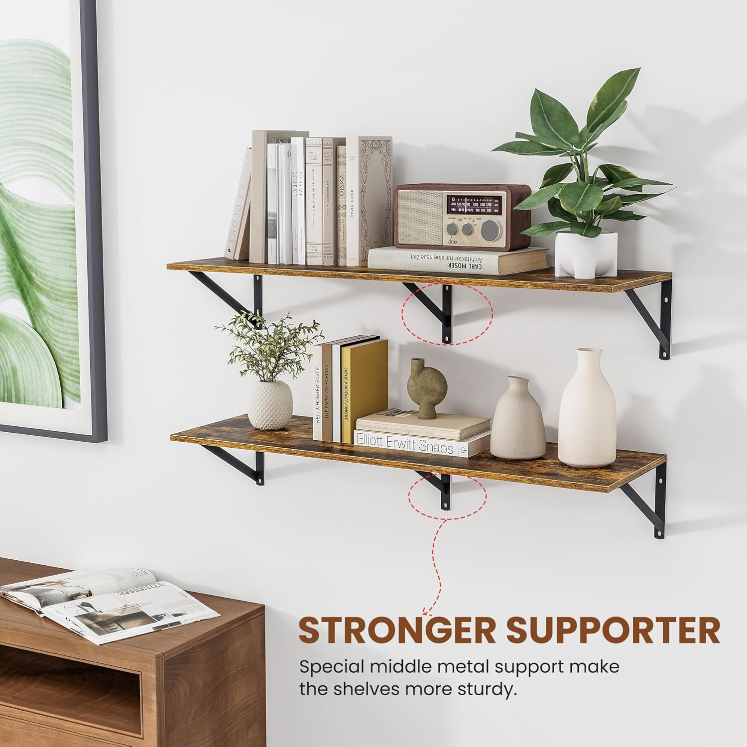 Heimlove Deep Floating Shelves for Wall, 36W x 12D Wood Wall Shelves Set of 2, Wide Floating Bookshelf for Living Room, Kitchen, Office, Bedroom and Decor Storage, with Metal Bracket - Rustic Brown