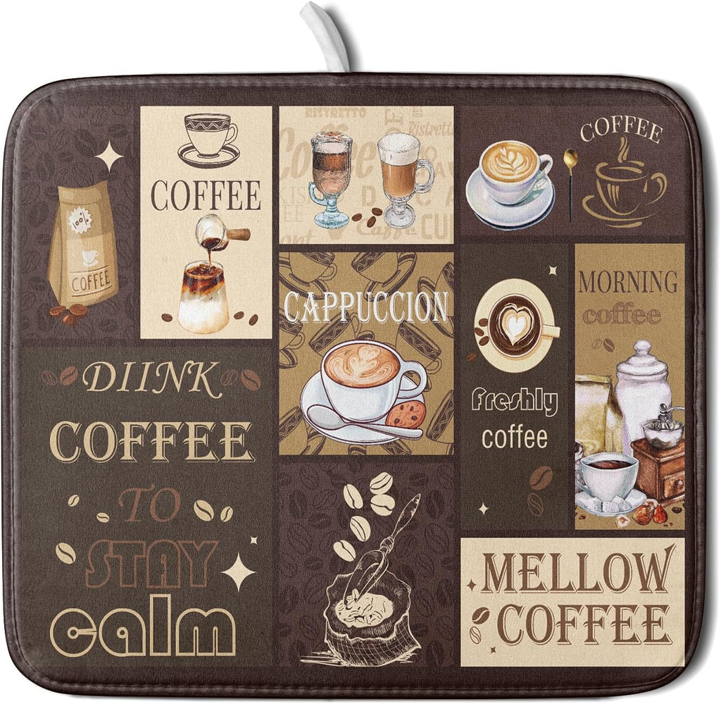 Brown Coffee Dish Drying Mat 16x18 Inch Coffee Cup Espresso Machine Pad Absorbent Washable Dish Rack Pad for Kitchen Counter Cafe Bar