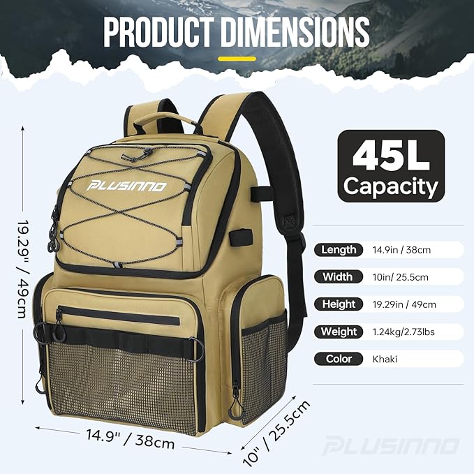 PLUSINNO Cooler Fishing Backpack with Rod Holders 45L Large Water-resistant Fishing Tackle bag Store Fishing Gear Fishing Gifts for Men Father