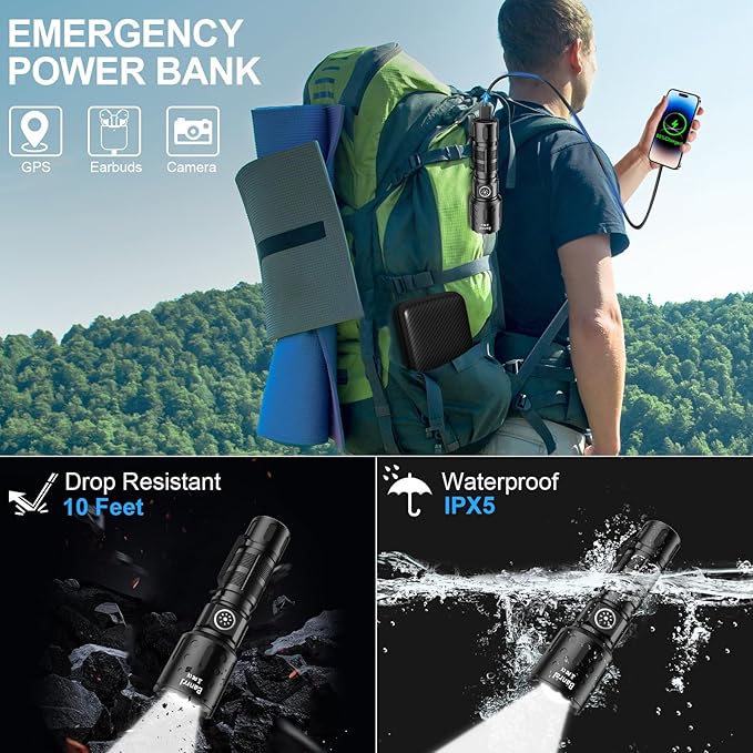 Rechargeable Flashlights 20,000 High Lumens, 1500M Long Throw Super Bright LED Small Powerful Tactical Flashlight with Memory Function, 6Modes Pocket Waterproof Flash Light for Camping,Emergency