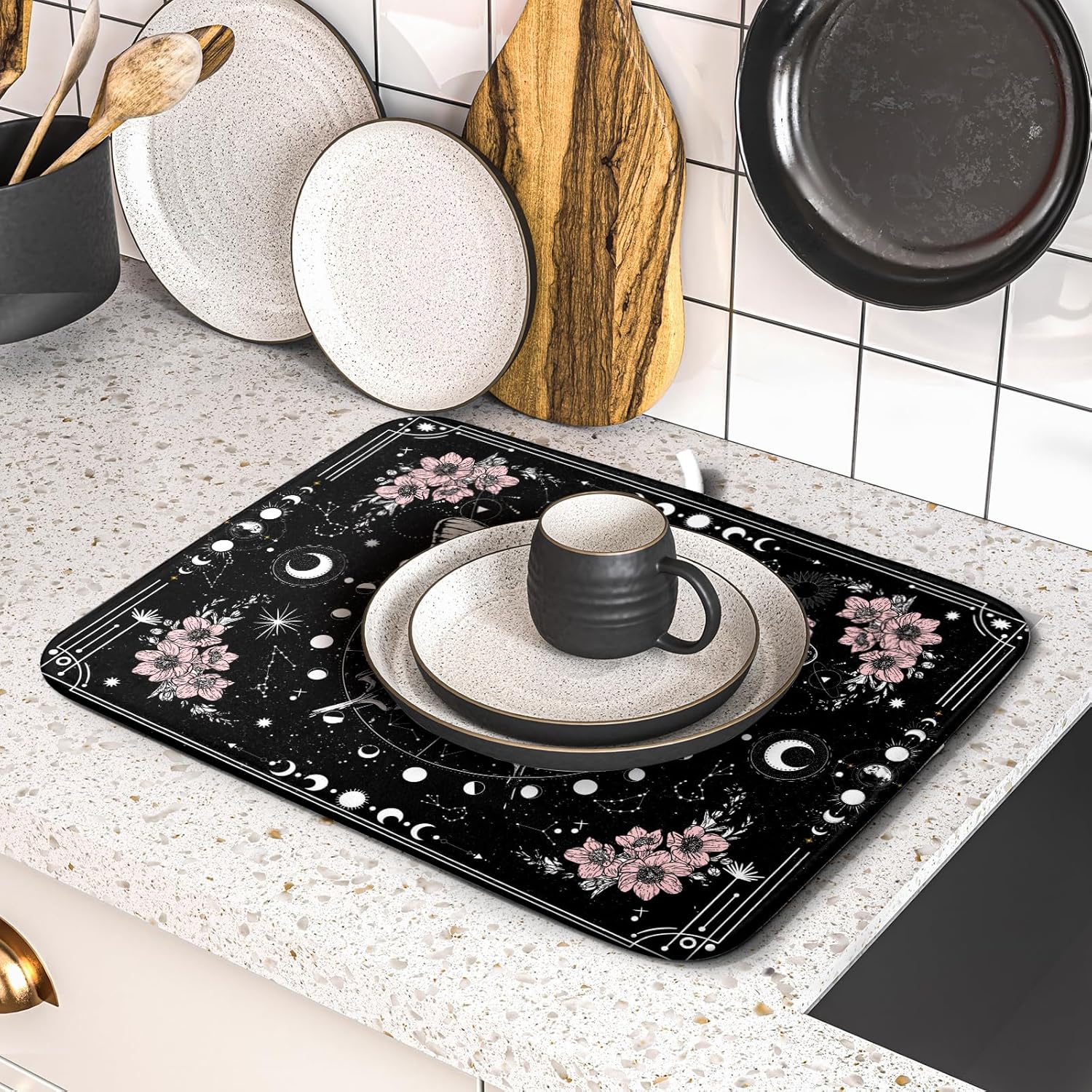 Skeleton Butterfly Dish Drying Mat Black Skull Absorbent Dish Drainer for Kitchen Counter Holiday Decor