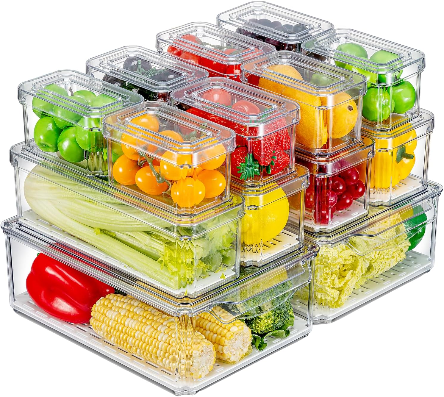14 Pack Fridge Organizer, Stackable Refrigerator Organizer Bins with Lids, BPA-Free Produce Fruit Storage Containers for Storage Clear for Kitchen, Food, Drinks, Vegetable Storage