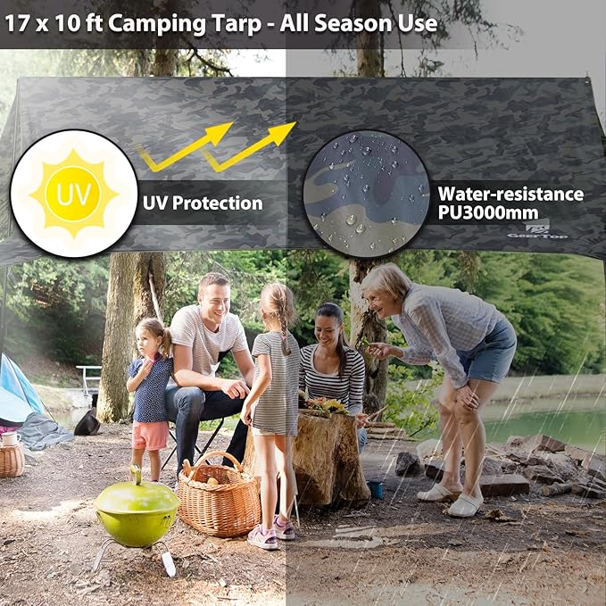 GEERTOP Large Hammokc Rain Fly Shelter 17 x 10ft Waterproof Camping Tarp Awning for Outdoor Backpacking Hiking Survival Travel Camo
