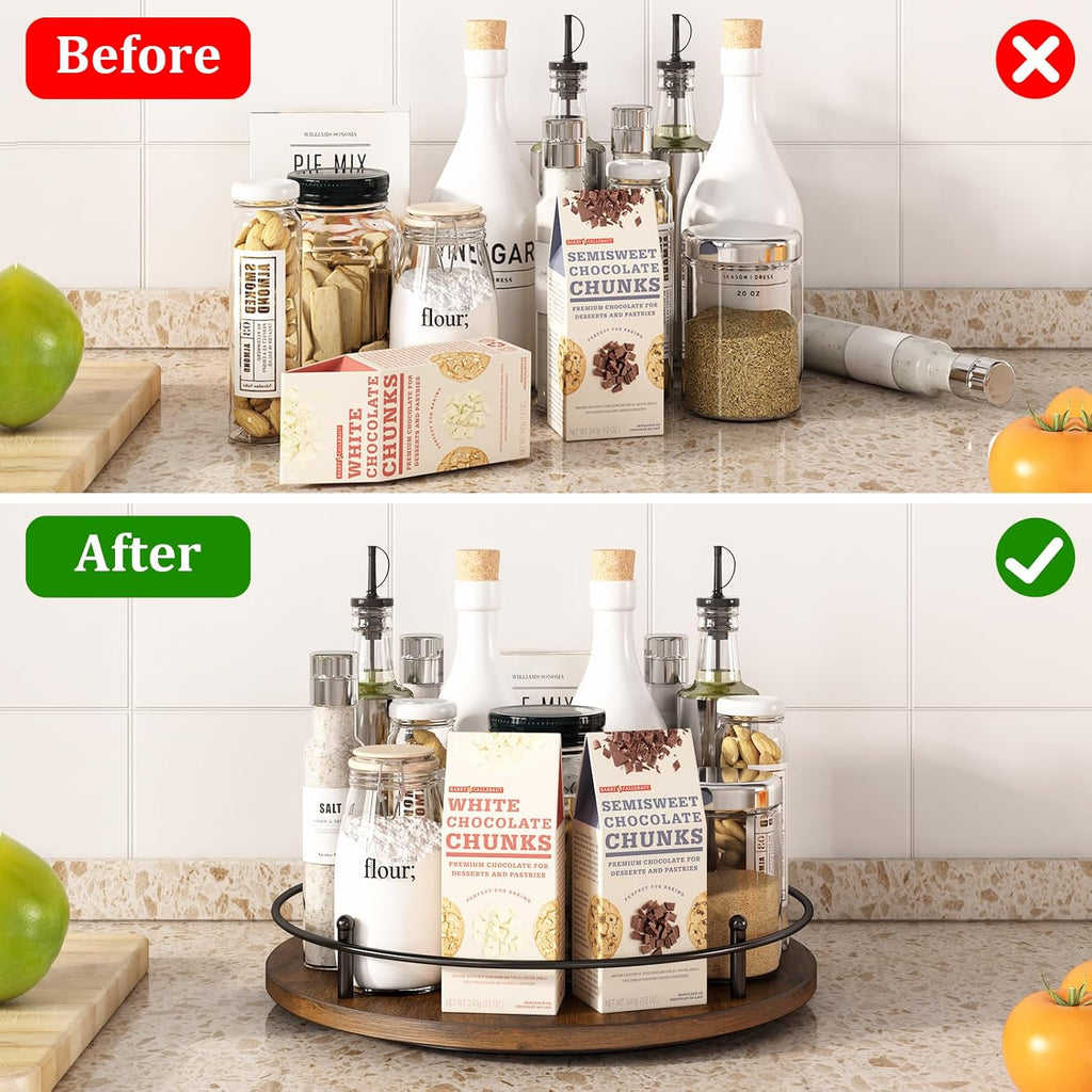 12" Lazy Susan Turntable Organizer,Round Wooden Lazy Susan Organization and Rotating Spice Rack for Dining Table,Pantry,Kitchen Countertop,Vanity,Cupboard and More.Vintage Wood(Round)