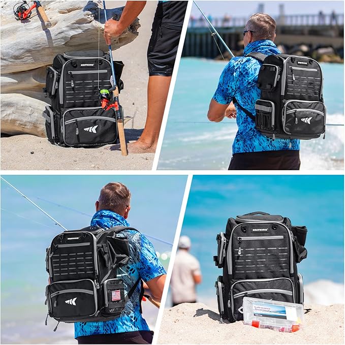 KastKing Bait Boss Fishing Tackle Backpack with Rod Holders-4 Tackle Boxes-Rain Cover,43L Large Storage for Fishing Gear