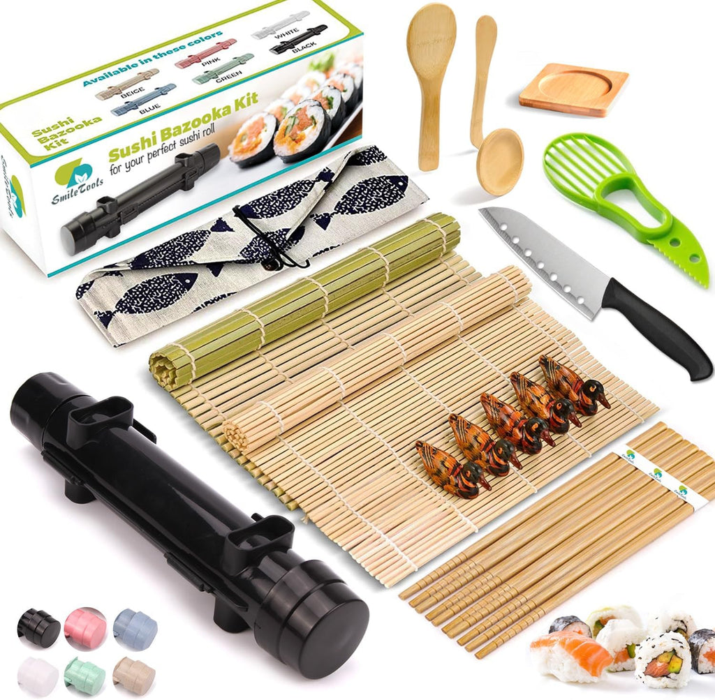 Sushi Making Kit, 22pcs Roller Maker for Beginners With Guide Book, Bazooka, Knife, Mat, Avocado Slicer, Chopsticks, Sauce Dishes & More - Sushi Lover's Gift