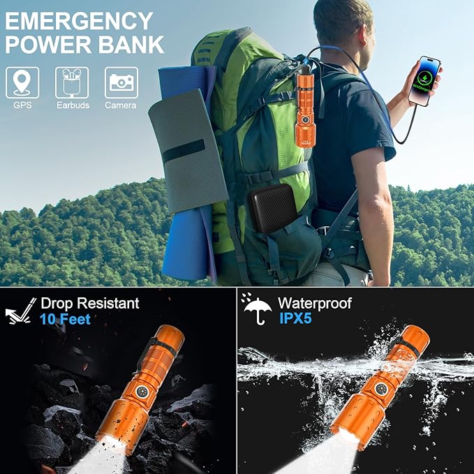 Flashlights High Lumens Rechargeable, 20000 Lumens Super Bright 1500 Meters Long Range Small Powerful Flashlight, 6 Modes LED Tactical Pocket Waterproof Flash Light for Camping (2, Black/Orange)