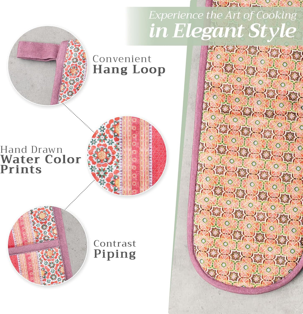 Maison d' Hermine Double Oven Mitts 100% Cotton 7"x35" Double Oven Mitt Heat Resistant BBQ Cooking Gloves with Loop, Baking, Grilling, Home, Kitchen, Handling Hot Pans (Ispahan)