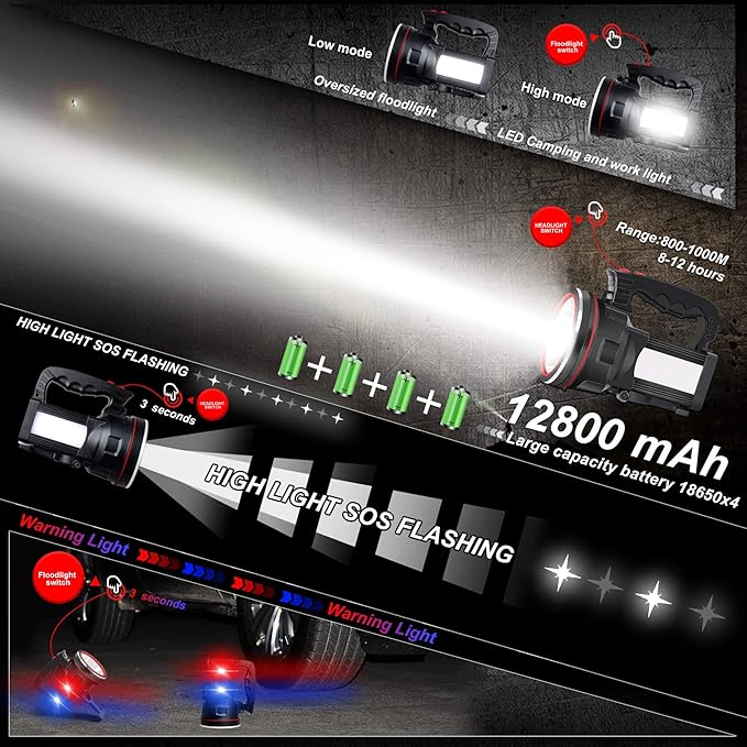 BIGSUN Spotlight Flashlight, 12800 mAh Rechargeable Flashlights High Lumens, Multifunctional Bright Flashlight, Outdoor Waterproof Camping Search Light Tactical Torch for Emergency, Boat, Hunting