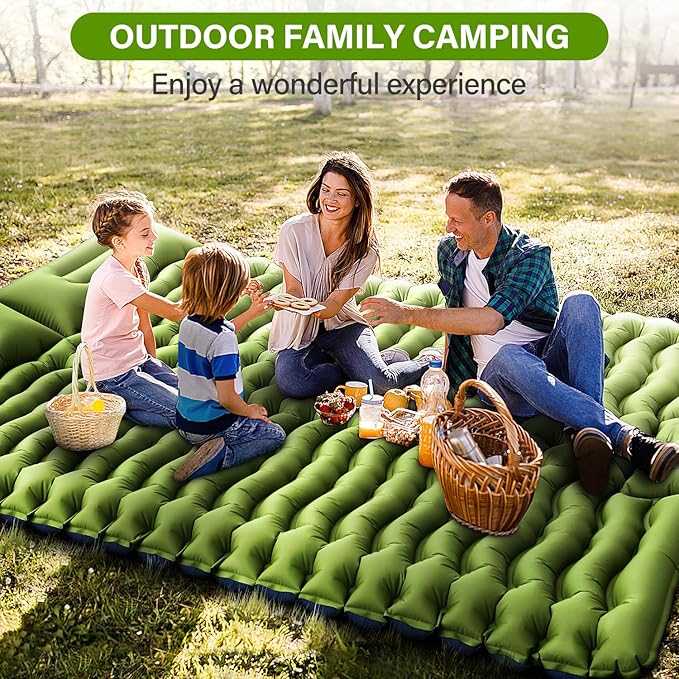Double Sleeping Pad - Self Inflating 4" Extra-Thick for 2 Person with Pillow Built-in Foot Pump Inflatable Sleeping Mat for Backpacking, Hiking, Traveling, Tent, Portable Camping Mat