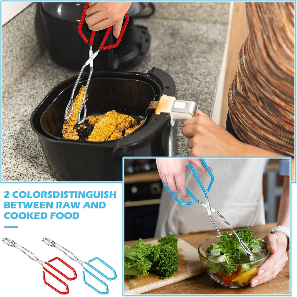 2 Pieces 10.6 Inch Stainless Steel Kitchen Scissor Tongs Heavy Duty Cooking Tongs, with Comfortable Red Blue Handle for Cooking Barbecue Food, Dishwasher Safe