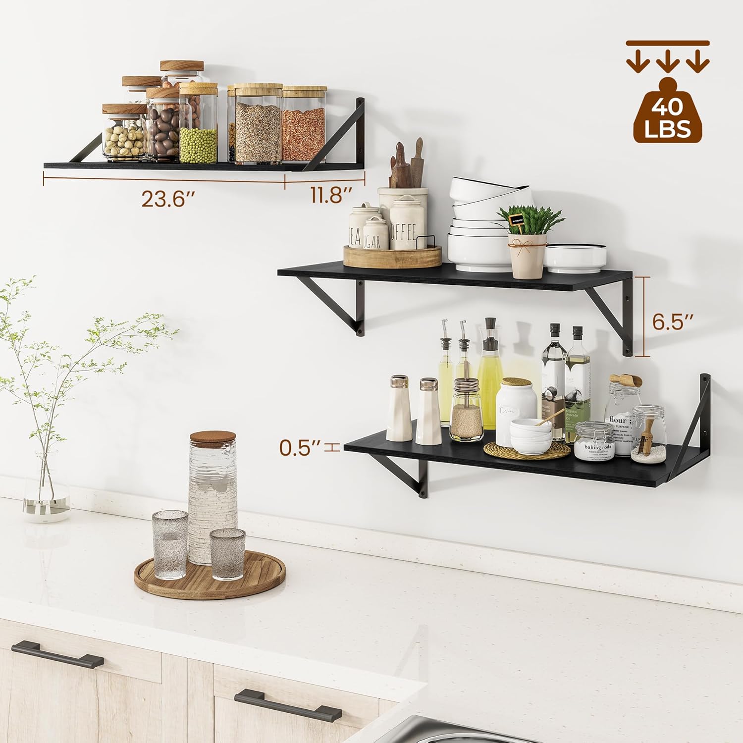 Heimlove 24" W x 12" D Wall Shelves for Books, 12 Inch Deep Floating Shelves Set of 3, Wide Floating Bookshelf with Metal Bracket for Living Room, Kitchen, Office, Bedroom and Decor Storage - Black