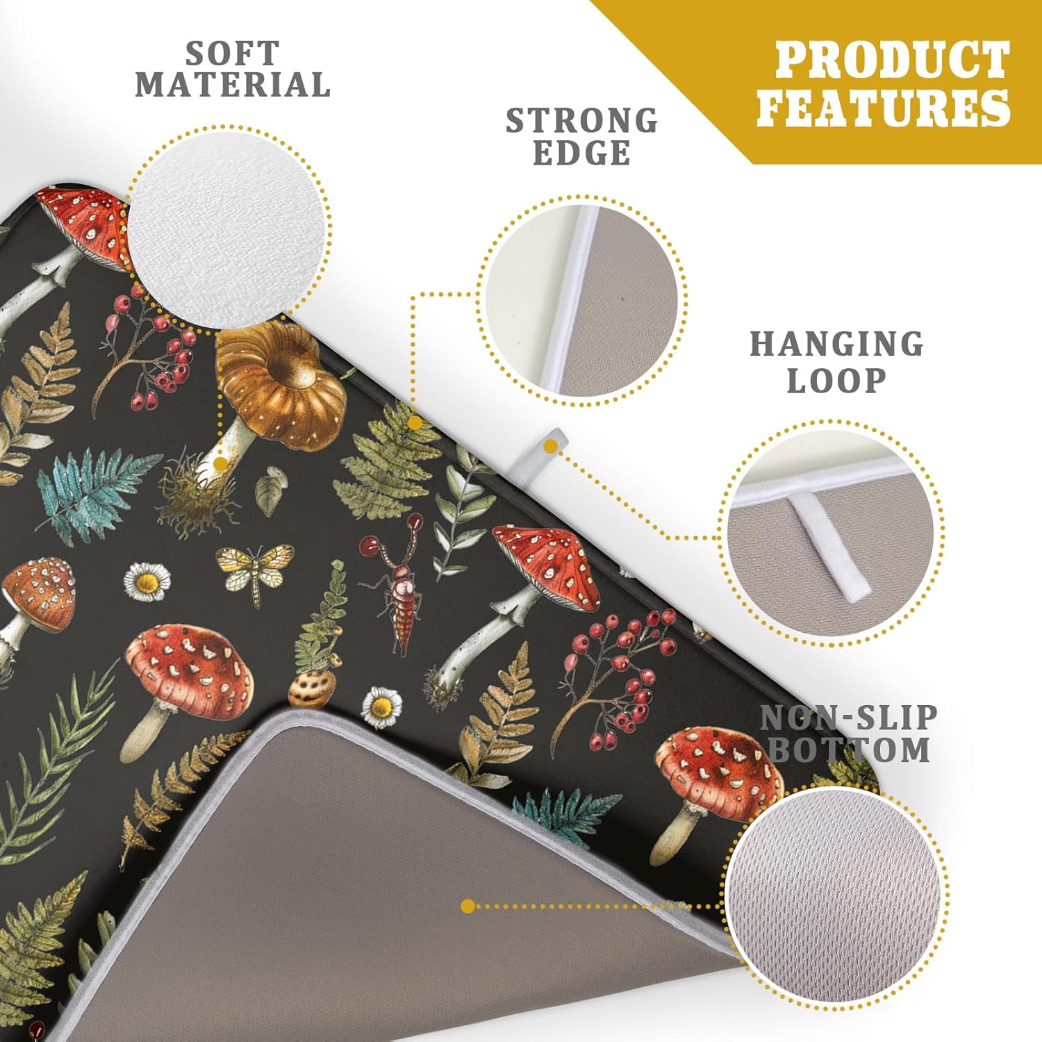 Natural Botanical Dish Drying Mat Mushroom Fern Leaves Berry Drainer Mat Black Drying Pad for Countertop 18 X 24 Inch