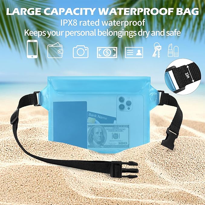 2-Pack Waterproof Pouch with Adjustable Waist Strap, Waterproof Dry Bag, Keeps Cell Phones and Valuables Safe and Dry, Perfect for Kayaking, Beach, Camping and Swimming (Black)