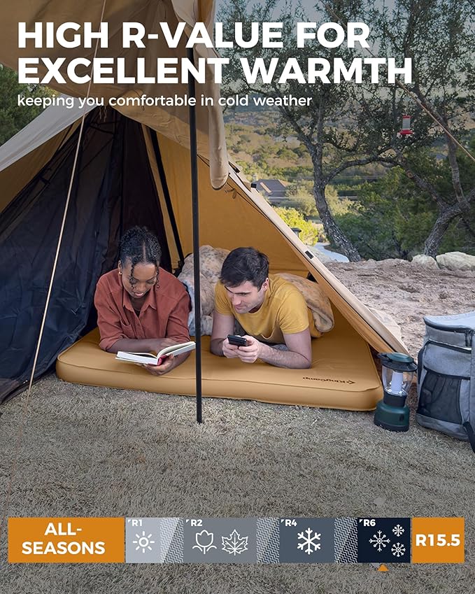 KingCamp Double Sleeping Pad, 2 Person Queen R 15.5 Self Inflating Sleeping Pad, 6" Ultra Thick Full Size Foam Mattress Mat for Outdoor Camping Tent Car, PVC Free (Khaki)