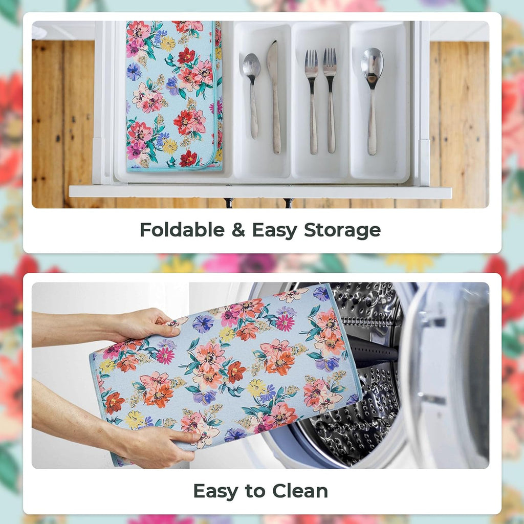 FRESHMINT Printed Dish Drying Mats for Kitchen Counter 2 Pack Absorbent Reversible Drying Mats Microfiber Kitchen Countertop Protector Dishes Drying Pad Extra Large 18"x24" Dish Mat