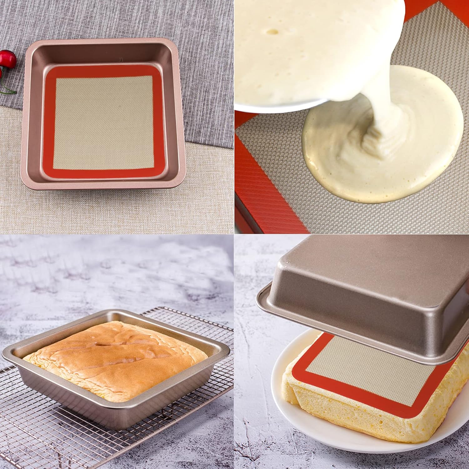 Square Silicone Baking Mats for 9 Inch Cake Pan, 8.5" Food Grade Non-stick Reusable Silicone Mat for Baking Pan for Bread/Pastry/Toast/Pie, Professional Cookie Sheets Liners for Brownie Pan 2 PCS