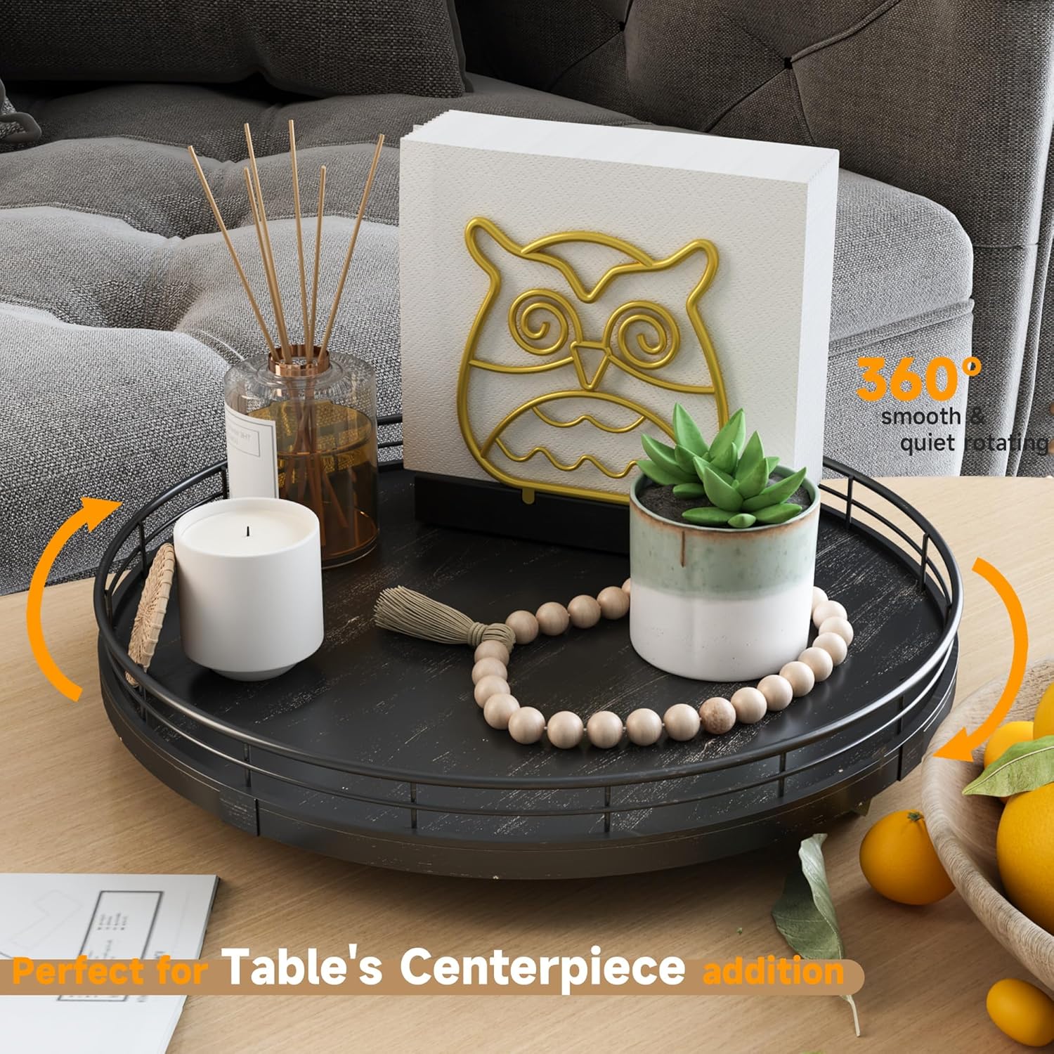 12" Oak Bathroom Vanity Tray Turntable for Perfume Candle, Round Wooden Decorative Tray for Kitchen Sink Countertop Organizer, Bathroom Counter Organizer for Skincare Makeup, Farmhouse Black Gold