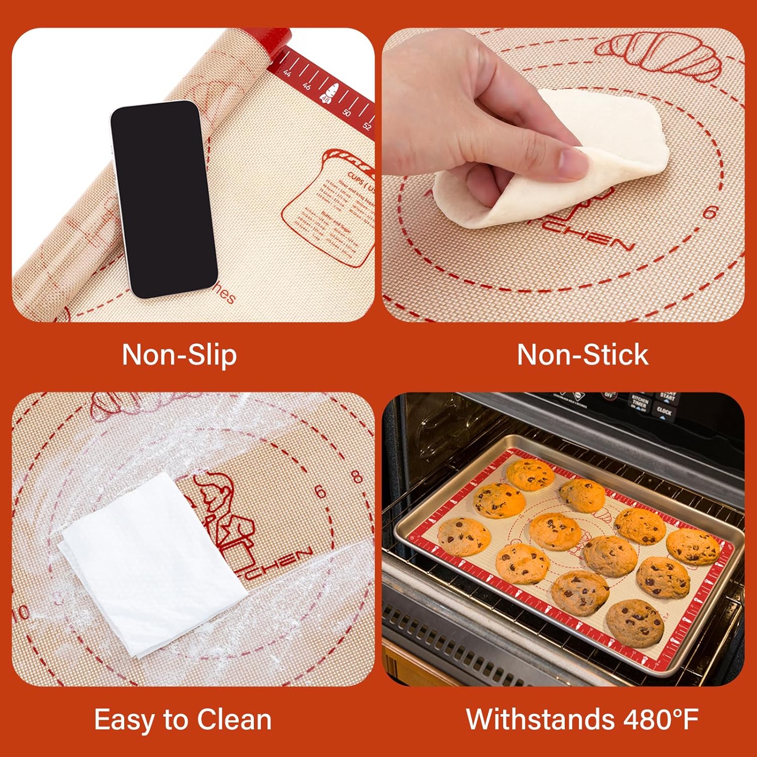 Non-Slip Silicone Baking Mat - 20x28 inch Extra Thick Pastry Mat with Measurements for Sourdough, Macarons, Bread, Pizza, Dough Rolling, Kneading, Oven Mat Heat Resistant to 480°F Gift for Baker
