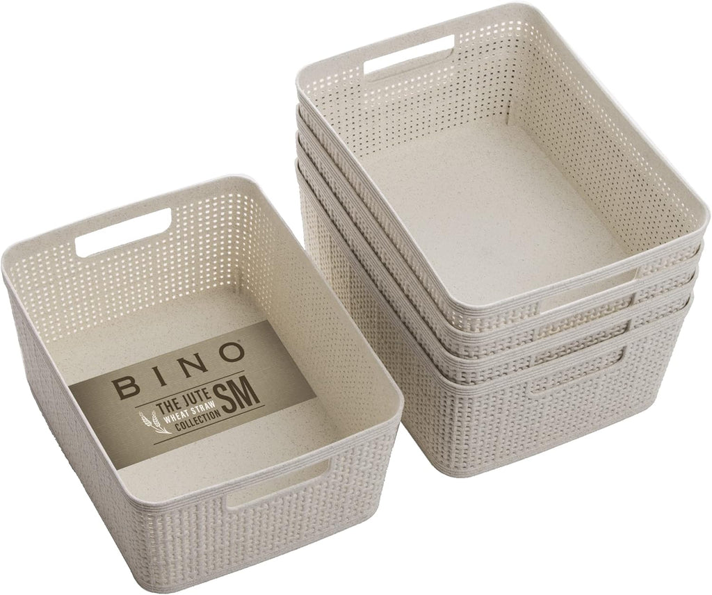 BINO | Woven Plastic Basket | Small (Natural), 5-Pack | THE JUTE COLLECTION | Home Organization, Space - Saving Storage, Stylish Design | Jute Basket | Plastic Storage Basket