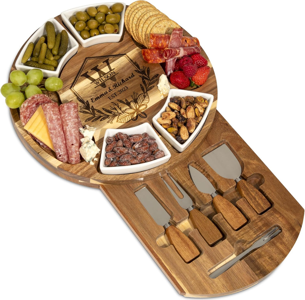 Personalized Charcuterie Board Gift Set, Acacia Cheese Board with Ceramic Bowls, Wedding Gifts for Couples, Housewarming Gift, Birthday Gifts for Women and Men, Custom Engraved Gift