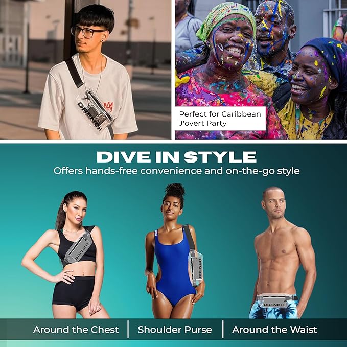 DRENCH 100% Waterproof Bag, Touchscreen Fanny pack, Transparent Cell Phone Case for Beach Essentials, IPX8 Underwater Pouches with Convertible Straps for Swimming and More, Fits iPhone Pro Max 15 SUP