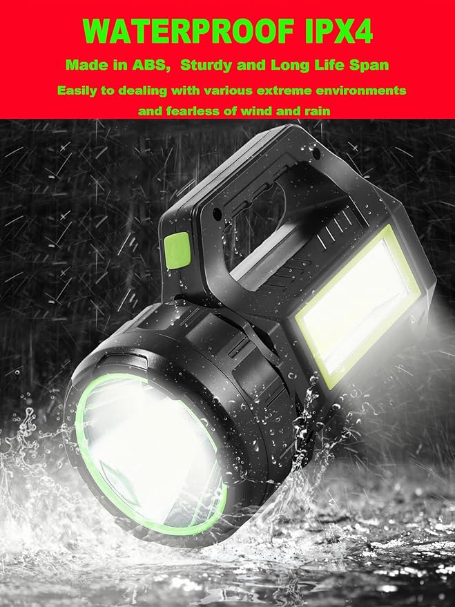 LED Searchlight LED Lantern, Solar Rechargeable Super Bright 10000LM Handheld LEDs Spotlight, Multifunctional Camping Lamp Work Lights, 7 Light Modes, Power Bank, IPX4 Waterproof, for Emergency
