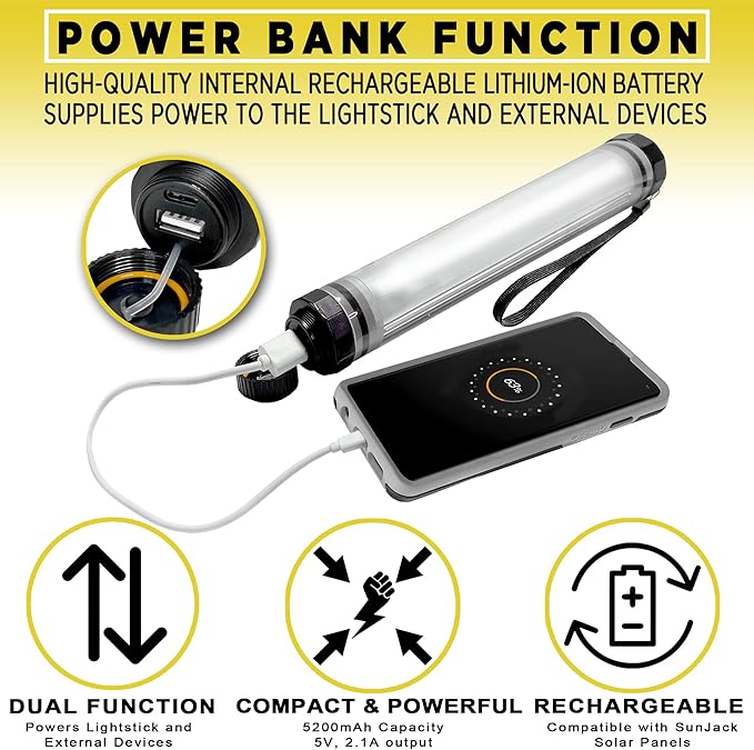 SunJack LightStick – Waterproof Rechargeable Light with Power Bank, Hiking, Backpacking and Camping Essentials Gear Accessories, Emergency Survival and Hurricane Preparedness Items Supplies