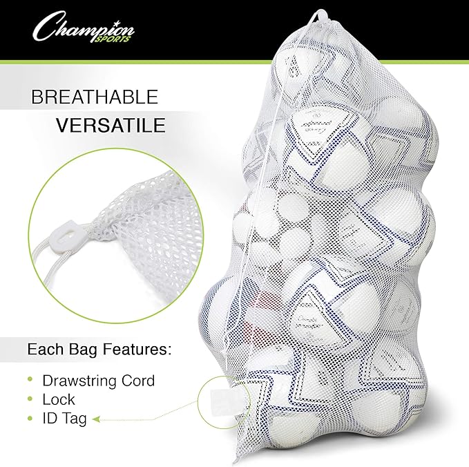 Champion Sports Mesh Equipment Bag – Heavy-Duty Nylon Drawstring Bag with Lock & ID Tag, Breathable Storage Sack for Balls, Swim Gear, Laundry & Toys, Multiple Sizes & Colors