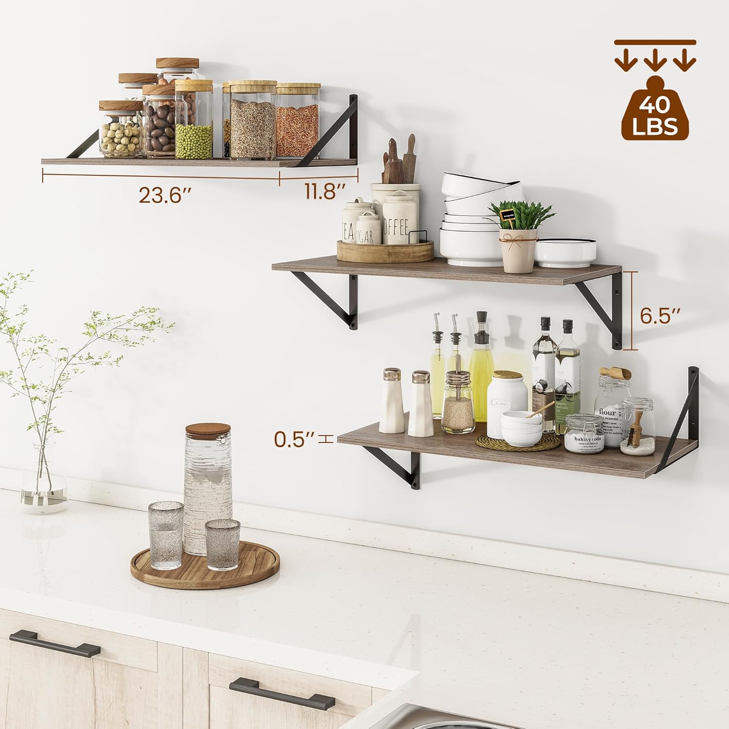 Heimlove 24" W x 12" D Wall Shelves for Books, 12 Inch Deep Floating Shelves Set of 3, Wide Floating Bookshelf with Metal Bracket for Living Room, Kitchen, Office, Bedroom and Decor Storage - Grey