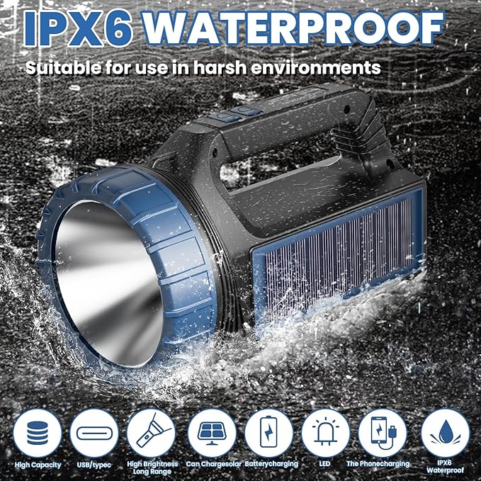 Solar Flashlights, Solar Flashlight for Multi Function 8000 Lumens Led Flashlight with Emergency Strobe Light Emergencies, Led High Lumens, USB C and Large Capacity Battery Fast Charging