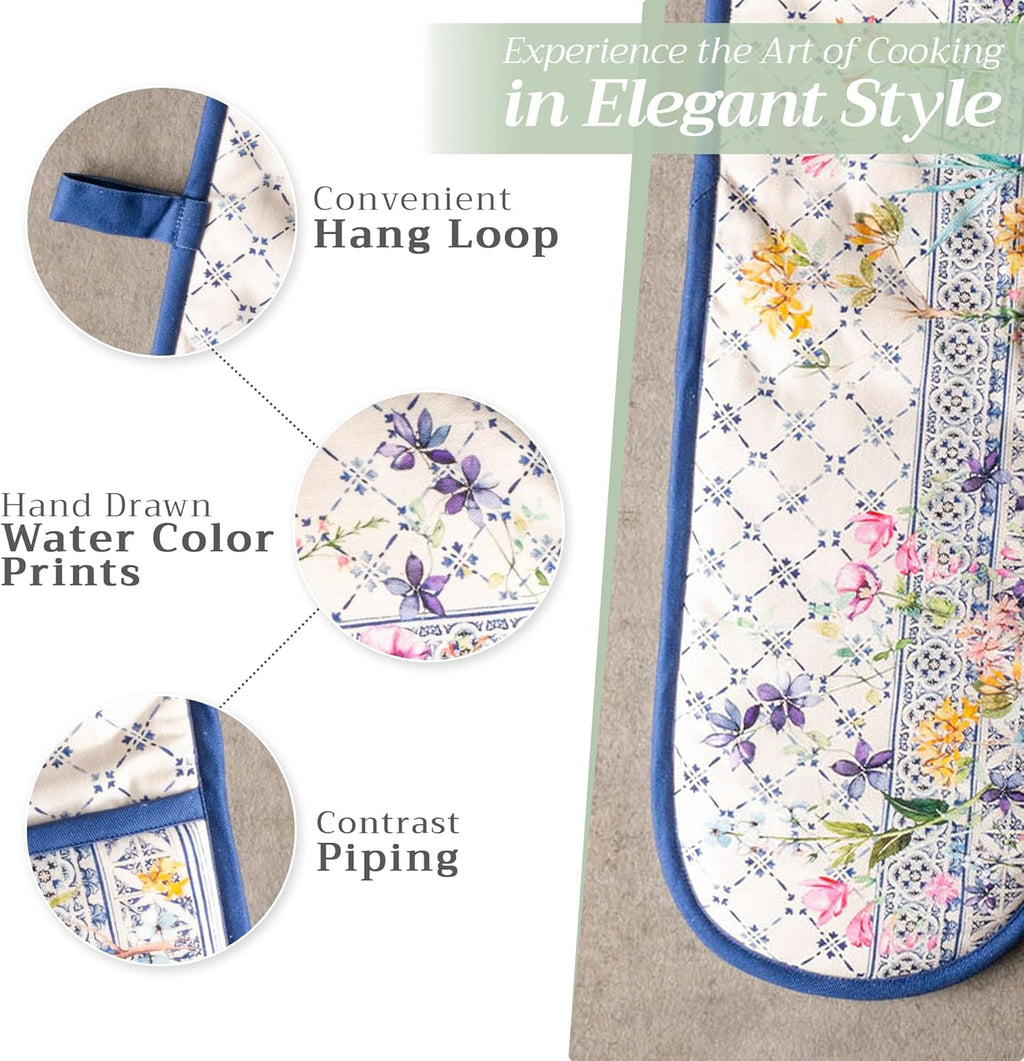 Maison d' Hermine Double Oven Mitts 100% Cotton 7"x35" Double Oven Mitt Heat Resistant BBQ Cooking Gloves with Loop, Baking, Grilling, Home, Kitchen, Handling Hot Pans Spring Summer (Faience)