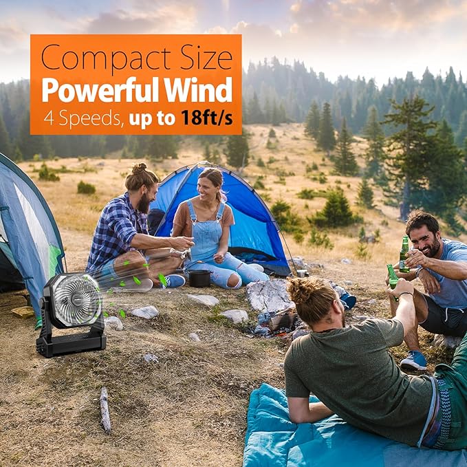 20000mAh Camping Fan, Rechargeable Portable Fan with 400 Lumes Light, 360° Rotatable Hook, 270° Pivot, 4 Speeds, 58Hrs Battery Powered for Tent Car Trip Outdoor BBQ Hurricane Power Outages