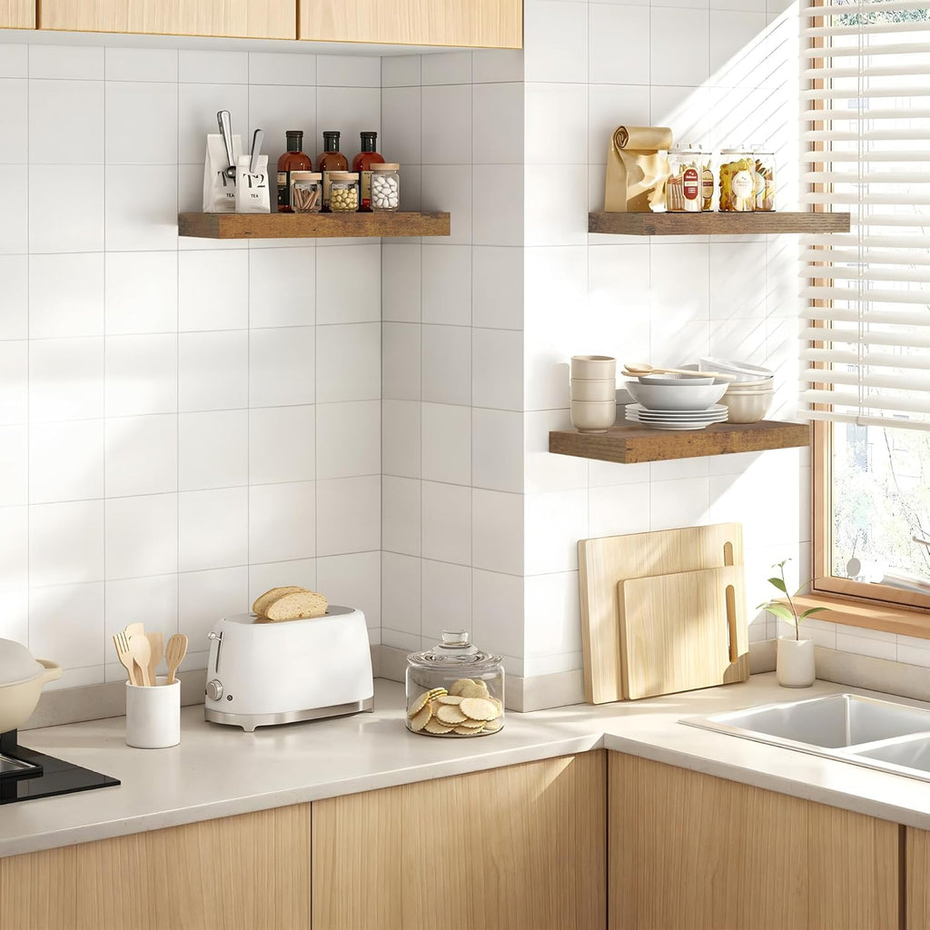 Colima Floating Shelves for Bedroom, Bathroom, Living Room, Kitchen, Office - 15 Inch Wall Mounted, Set of 3 - 1.3" Thick Brown Wood Floating Book Shelves