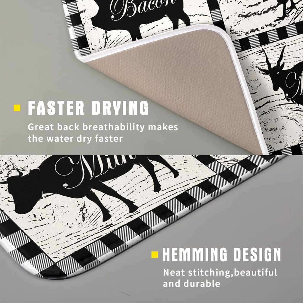 Farmhouse Animal Dish Drying Mat Buffalo Plaid Drainer Rack Mats Fast Dry Absorbent Kitchen Countertop Protector Dishes Pad 16x18 Inch