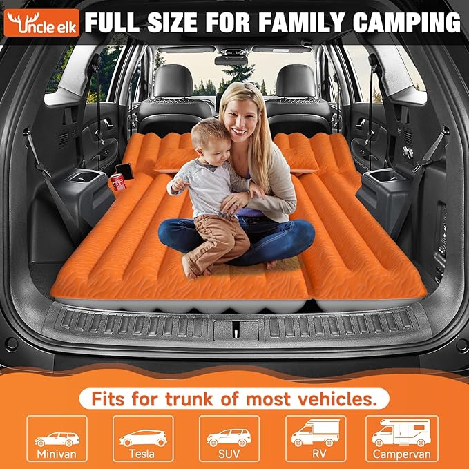 SUV Air Mattress: Inflatable Car Air Mattress for Camping, Flocking Car Bed with Air Pump & 2 Pillows, Portable Sleeping Pad Mattress for Home Car Travel Camping Orange