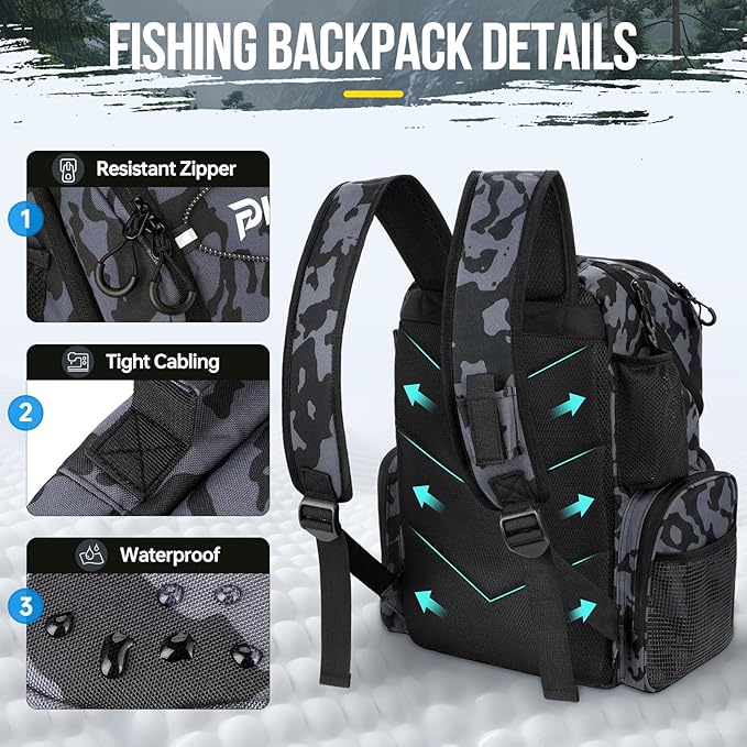 PLUSINNO Cooler Fishing Backpack with Rod Holders 45L Large Water-resistant Fishing Tackle bag Store Fishing Gear Fishing Gifts for Men Father