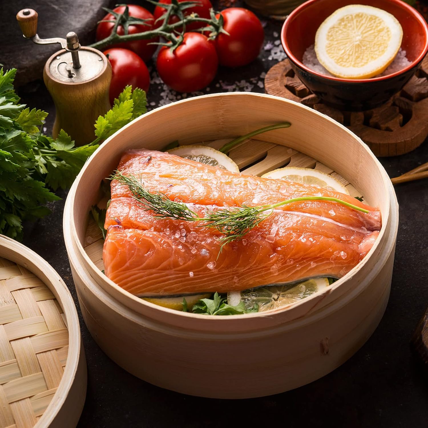 Tessco for you 59 Pcs 2 Tier 12 Inch Bamboo Steamer Basket Set Including Bamboo Steamer Stainless Steel Ring Dumpling Maker Mold and Cutter Spoon 2 Pair Chopsticks 2 Sauce Dish 50 Paper Liners