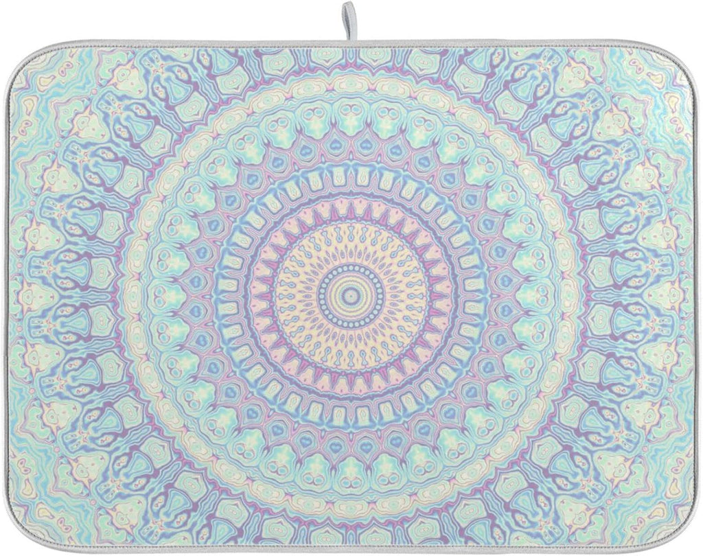Mandala Bohemian Dish Drying Mat for Kitchen Counter Boho Ethnic Absorbent Microfiber Drying Pad, Medium 16x18 in, Reversible Drainer Mats