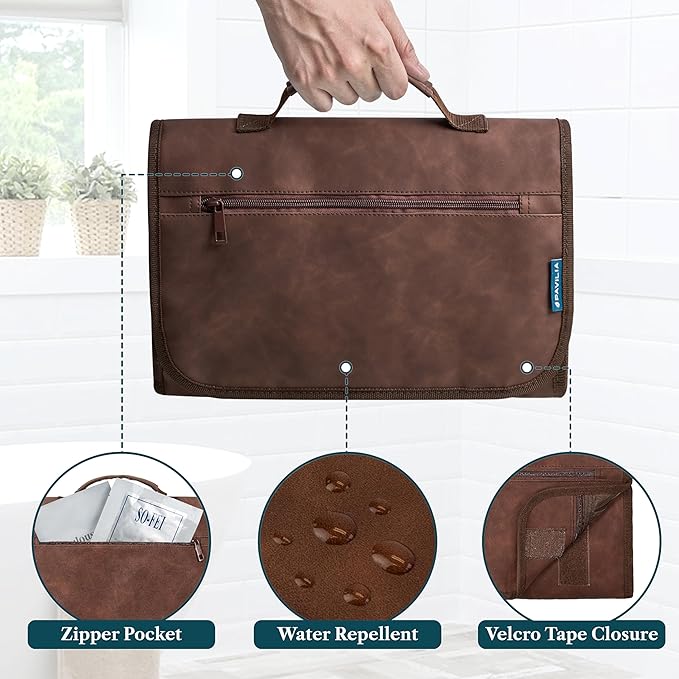 PAVILIA Hanging Toiletry Bag Men Women, Travel Kit Foldable Large Toiletries Organizer, Roll up Cosmetics Makeup Bag Accessories, Waterproof Essentials Dopp Case (Brown)