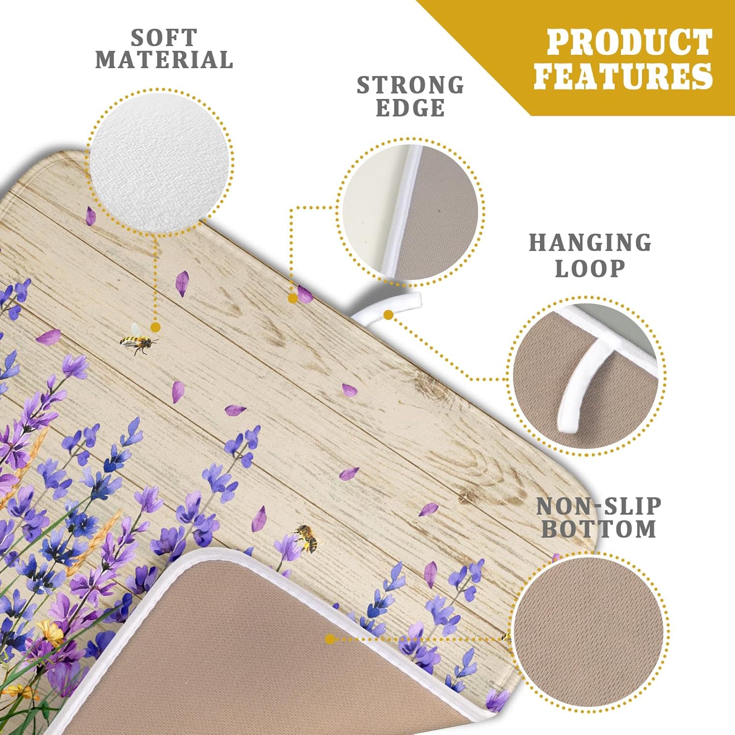 Lavender Floral Dish Drying Mat 16x18 inch Spring Summer Flower Decorative Fast Dry Dishes Drainer Mats Reversible Washable Dish Rack Pad
