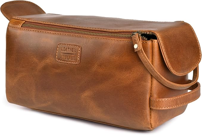 LEATHER VILLAGE Premium Leather Travel Toiletry Bag - Unisex Water-Resistant Travel Dopp Kit, Shaving & Cosmetic Organizer for Men & Women - Compact Bathroom Essentials - Camel Brown
