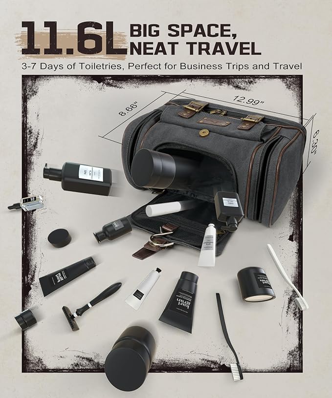 ARCFOX Travel Hanging Toiletry Bag for Men, Vintage Canvas Large Toiletry Bag with 7 Compartments, Camping Gym Travel Toiletry Kit Organizer with PVC Wet & Dry Pockets, Personalized Wash Bag, Black