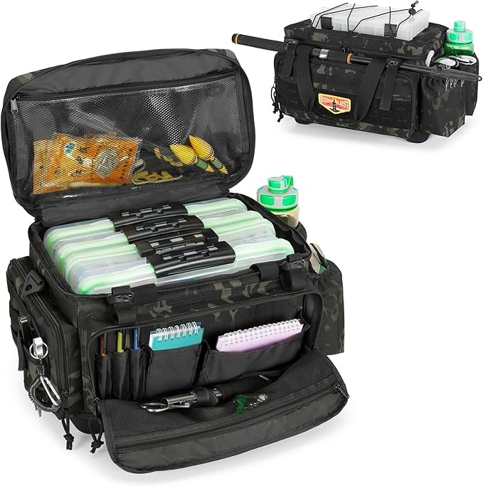Waterproof Fishing Tackle Bag with Waterproof EVA Bottom (No Tackle Boxes in Package), Soft Tackle Box Storage Bag with Rod Holder, Pliers Storage for Fishing