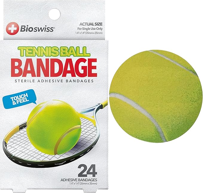 BioSwiss Bandages, Tennis Ball Shaped Self Adhesive Bandage, Latex Free Sterile Wound Care, Fun First Aid Kit Supplies for Kids, 24 Count
