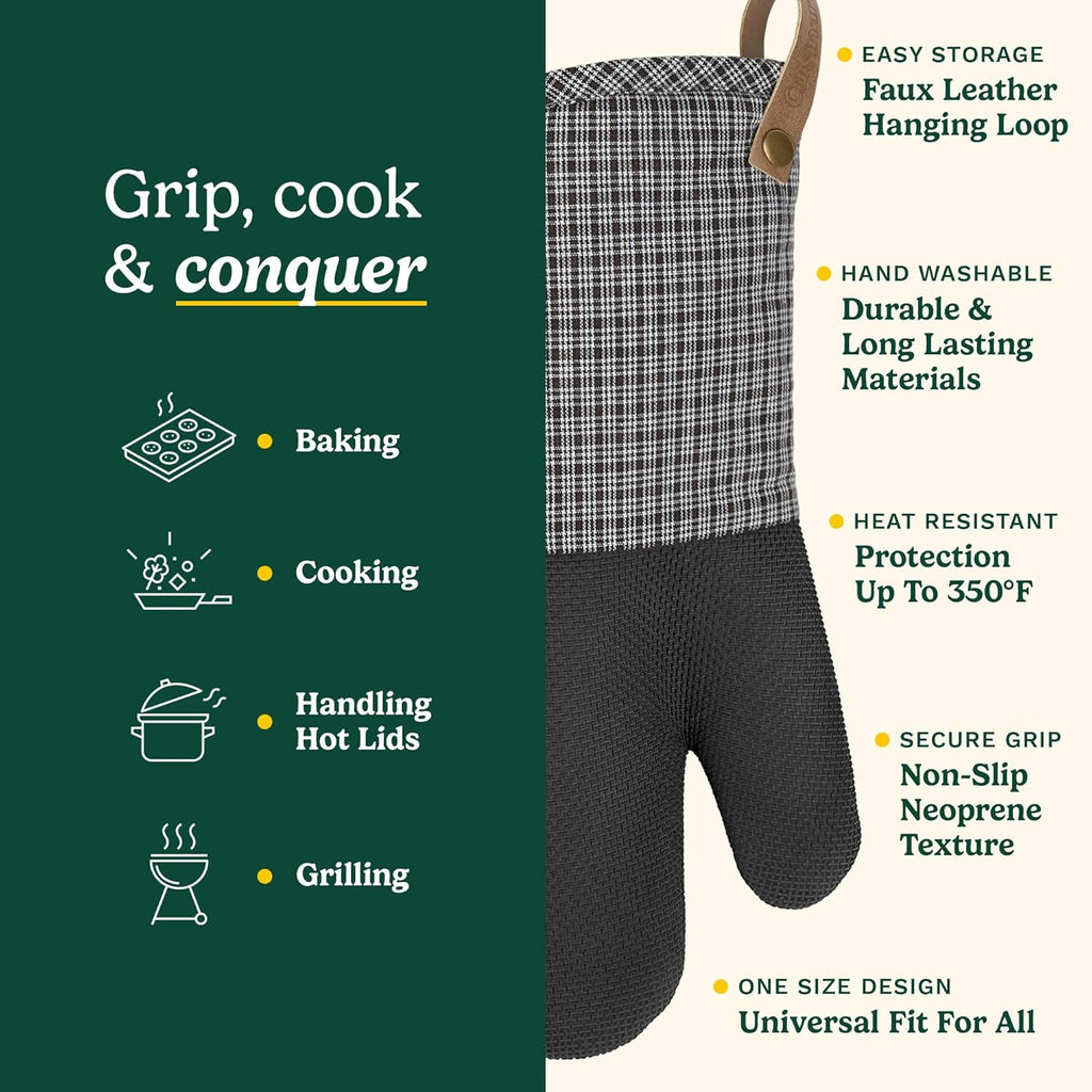Cuisinart Heritage Kitchen Oven Mitts – Heat-Resistant Kitchen Mitts for Oven with Non-Slip Neoprene Palm, Long Cuff, and Cotton Filling – Durable Oven Gloves for Cooking, Baking, & Grilling