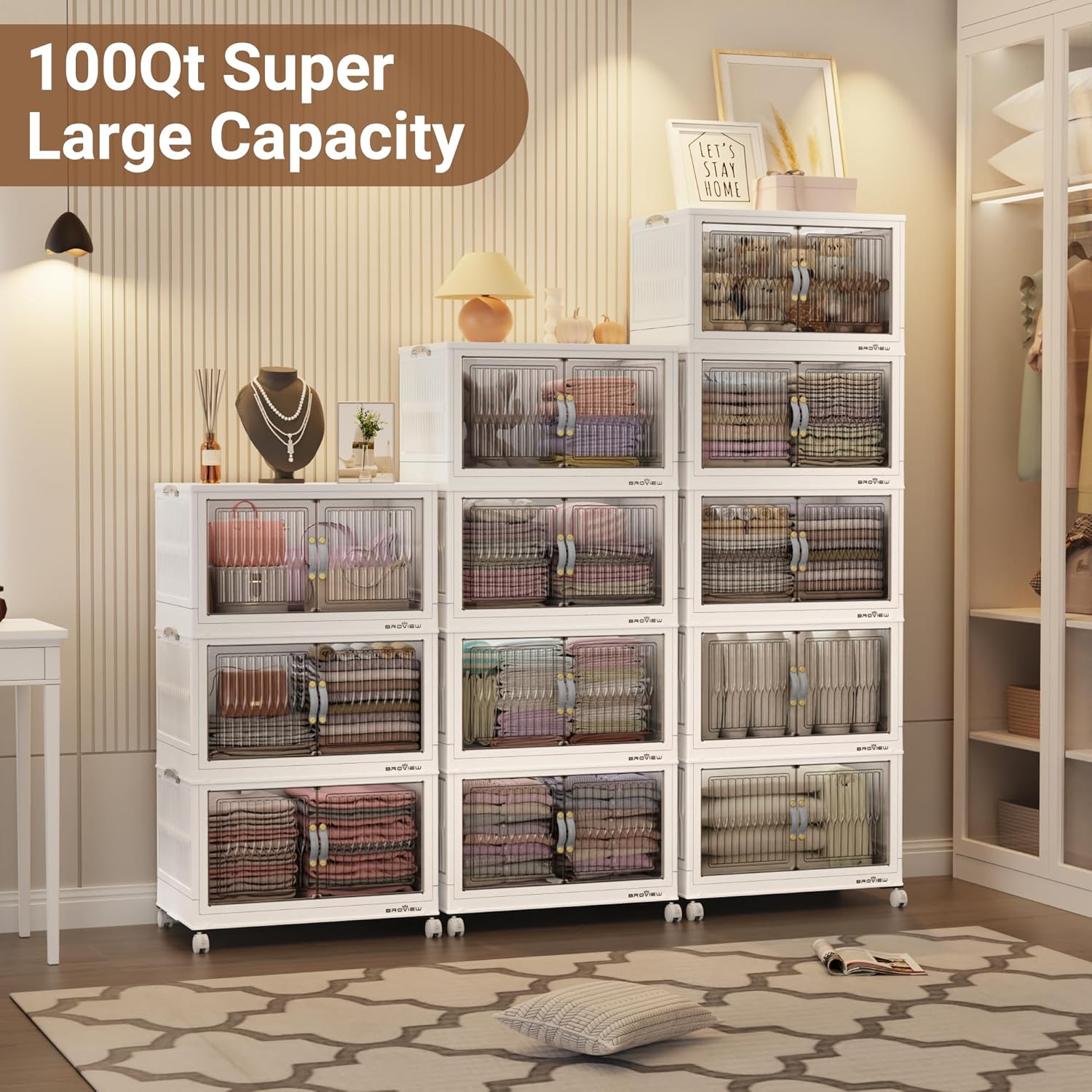 300Qt Stackable Storage Bins with Lid, Extra Large Closet Organizer Collapsible Drawer Boxes with Wheels, Folding Plastic Cabinet Containers for Home Kitchen Room Organization, 3Pack White